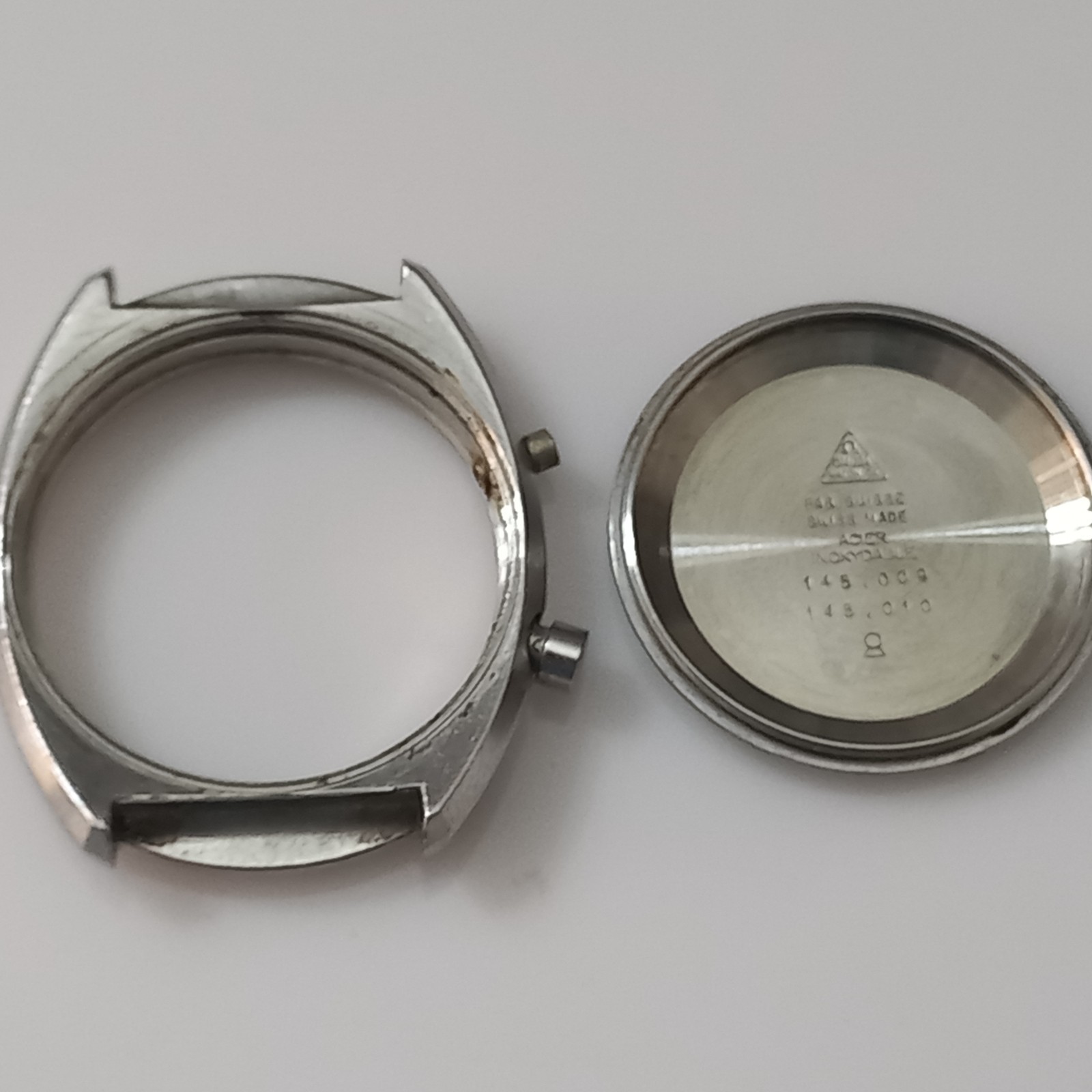 FOR PARTS OMEGA GENEVE CHRONOSTOP 145.009 UNPOLISHED S. STEEL CASE ( CASE ONLY )