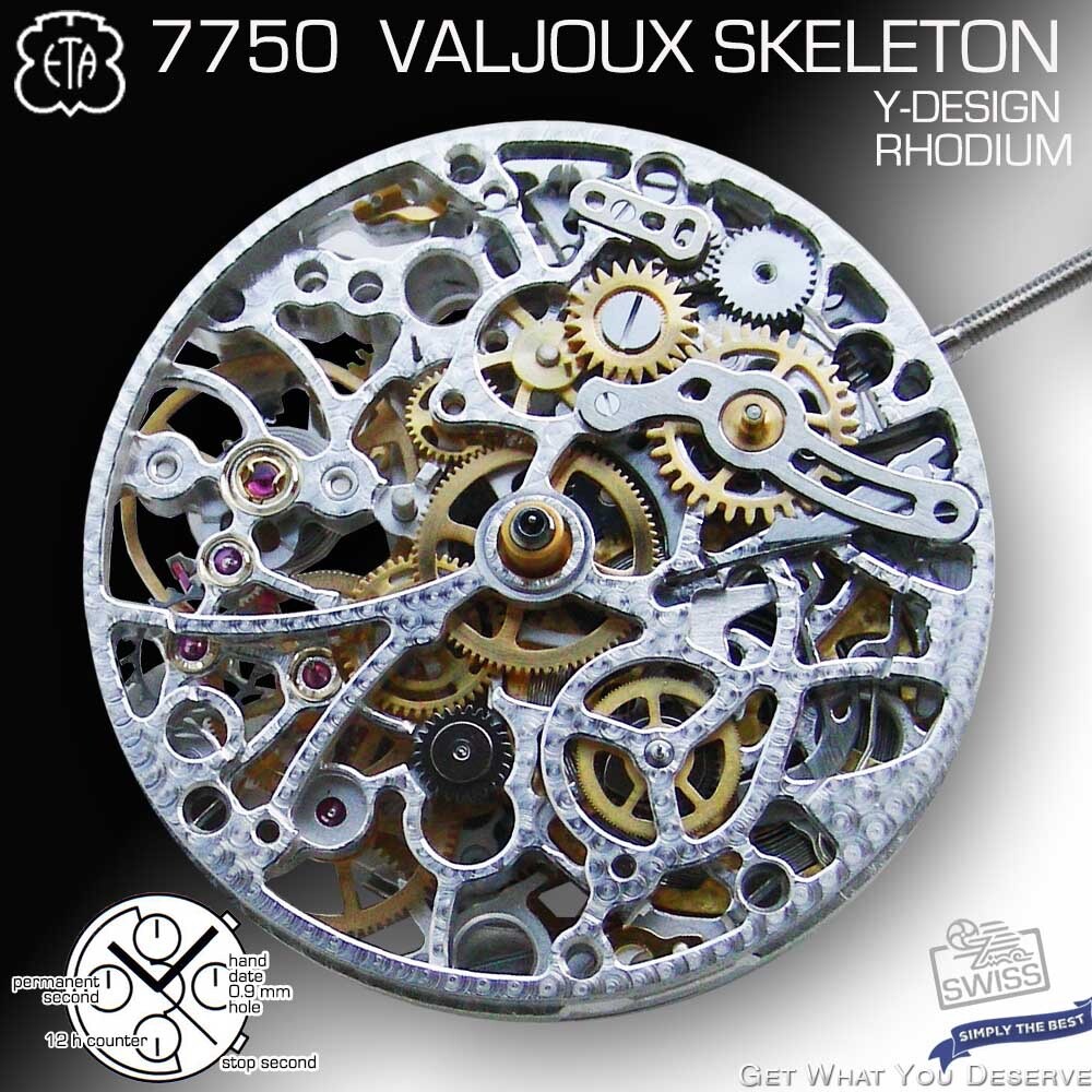 MOVEMENT ETA VALJOUX 7750, AUTOMATIC CHRONOGRAPH, SKELETON, RHODIUM, BLUE SCREWS