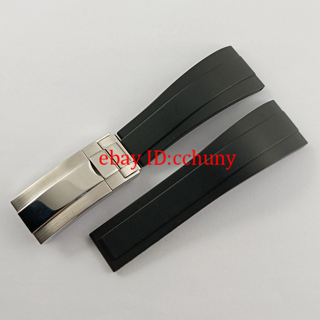 20mm black Curved Rubber watch strap with silver/gold plated buckle watchband