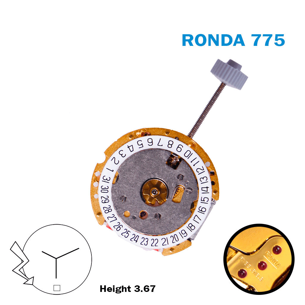 RONDA 775 SWISS QUARTZ Movement, WHITE DATE DISK AT 6, 2 HANDS.