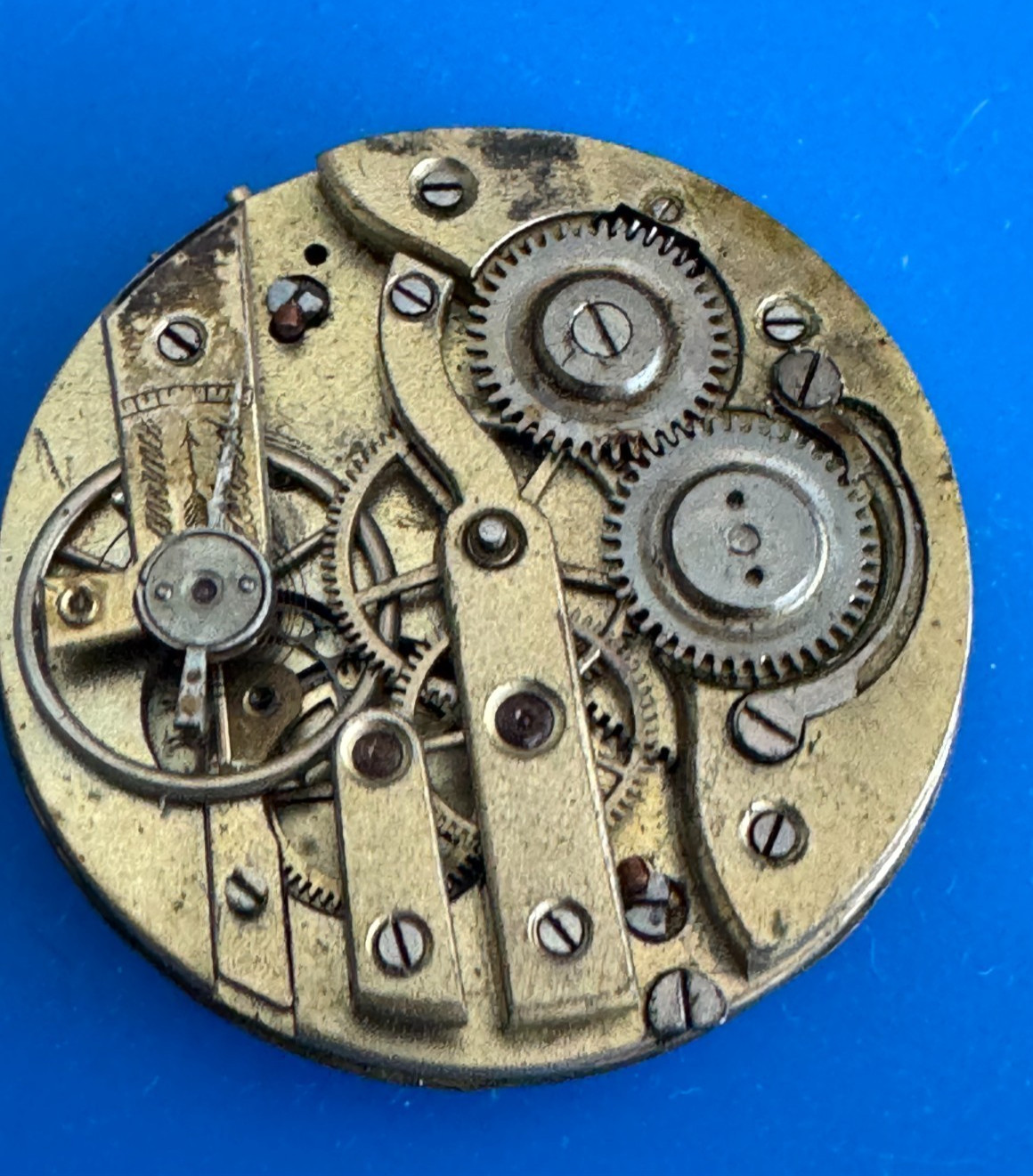 VINTAGE 38MM SWISS POCKET WATCH MOVEMENT NOT RUNNING FANCY DIAL GOOD