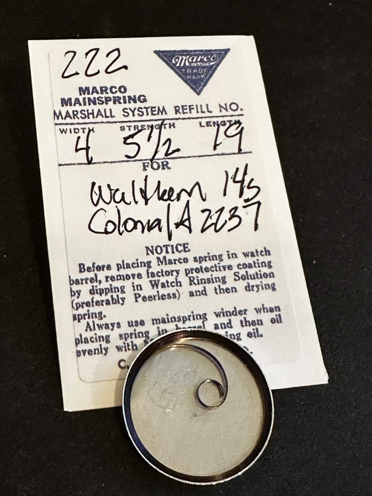 Marco Mainspring #222 for Waltham Colonial Series Model A No. 2234 – Steel