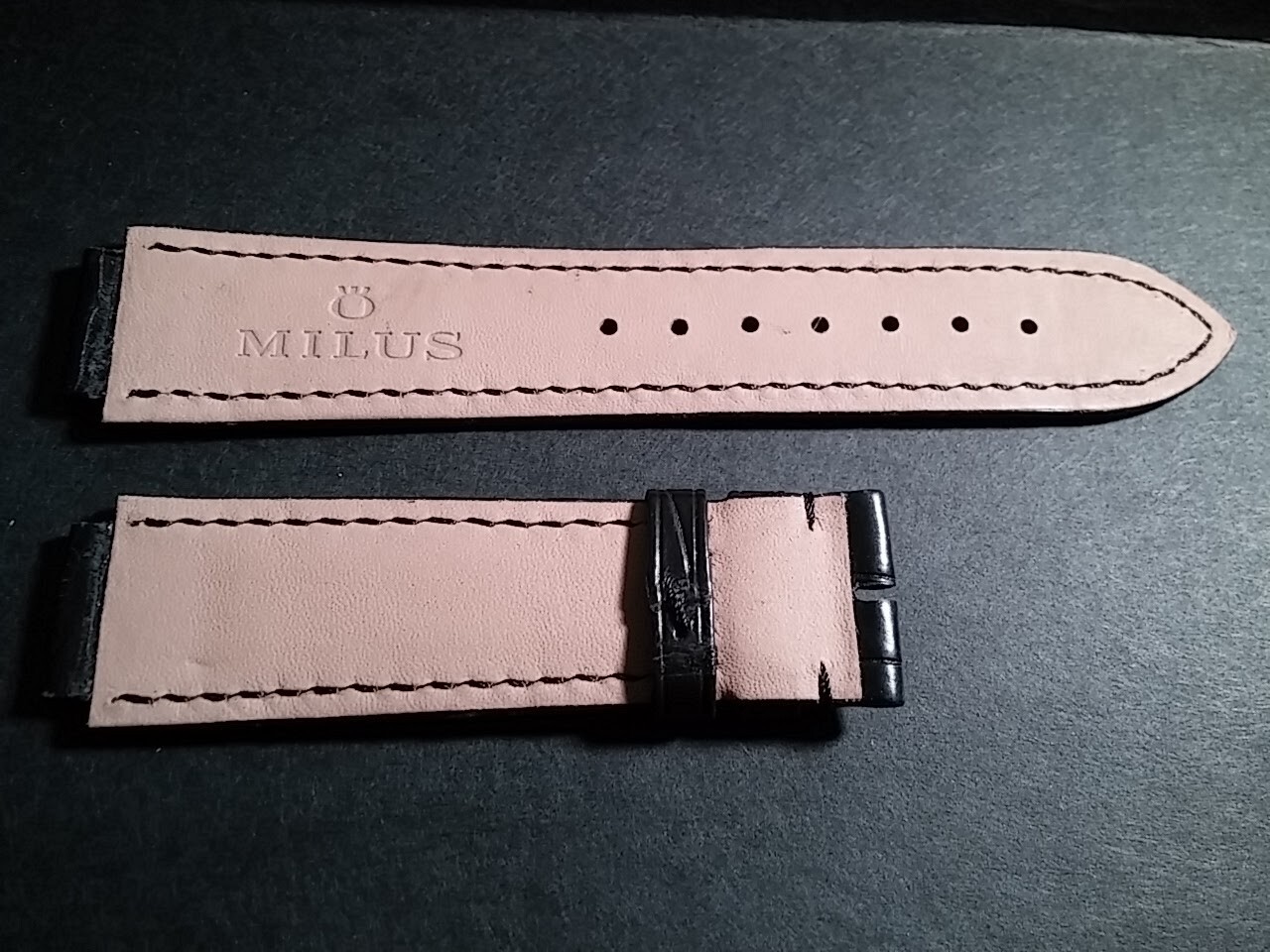 Milus band alligator BLACK-SHORT 15mm (at watch) x 18mm at buckle, black stitche
