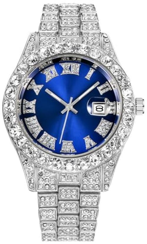 Hip Hop Watches for Men Iced-Out Bling Diamond Luxury Quartz 42mm Silver Blue