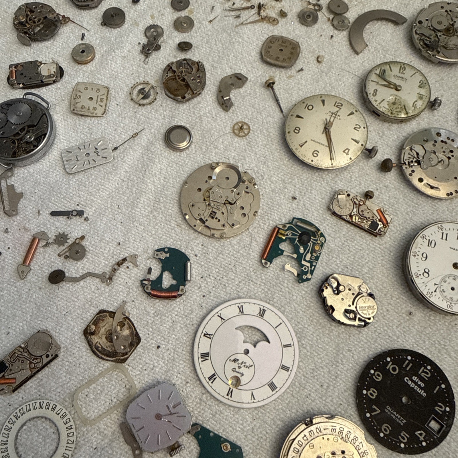 Vintage Watchmaker Repair Lot- Mixed Movements, Dials, Gears