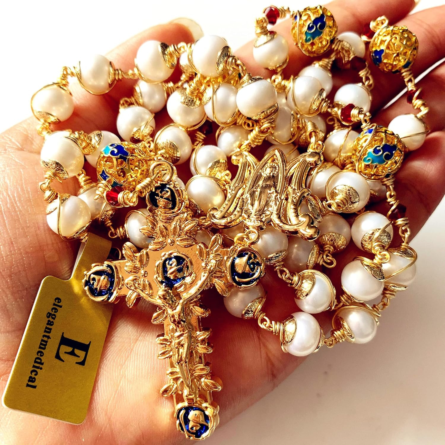 Gold Plated Wire Wrapped Pearl & Enamel Bead Rosary Cross Necklace Box