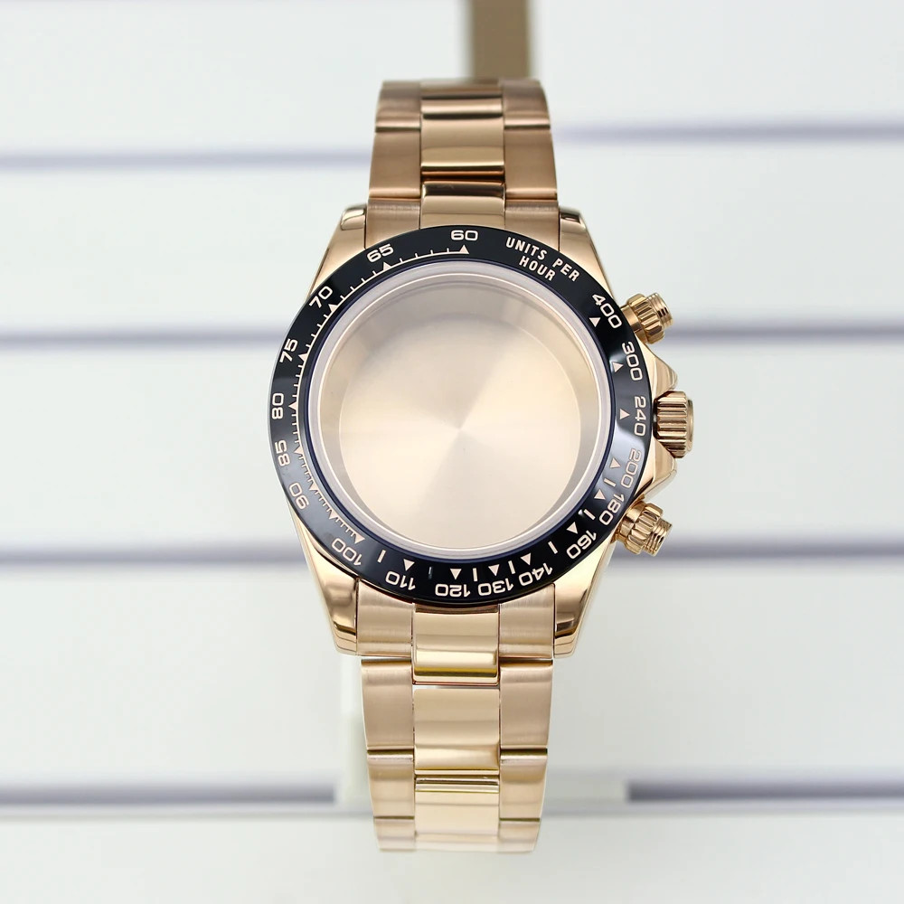 39mm Watch Case Strap Sapphire Glass Fixed ceramic ring For Seiko VK63 Movement