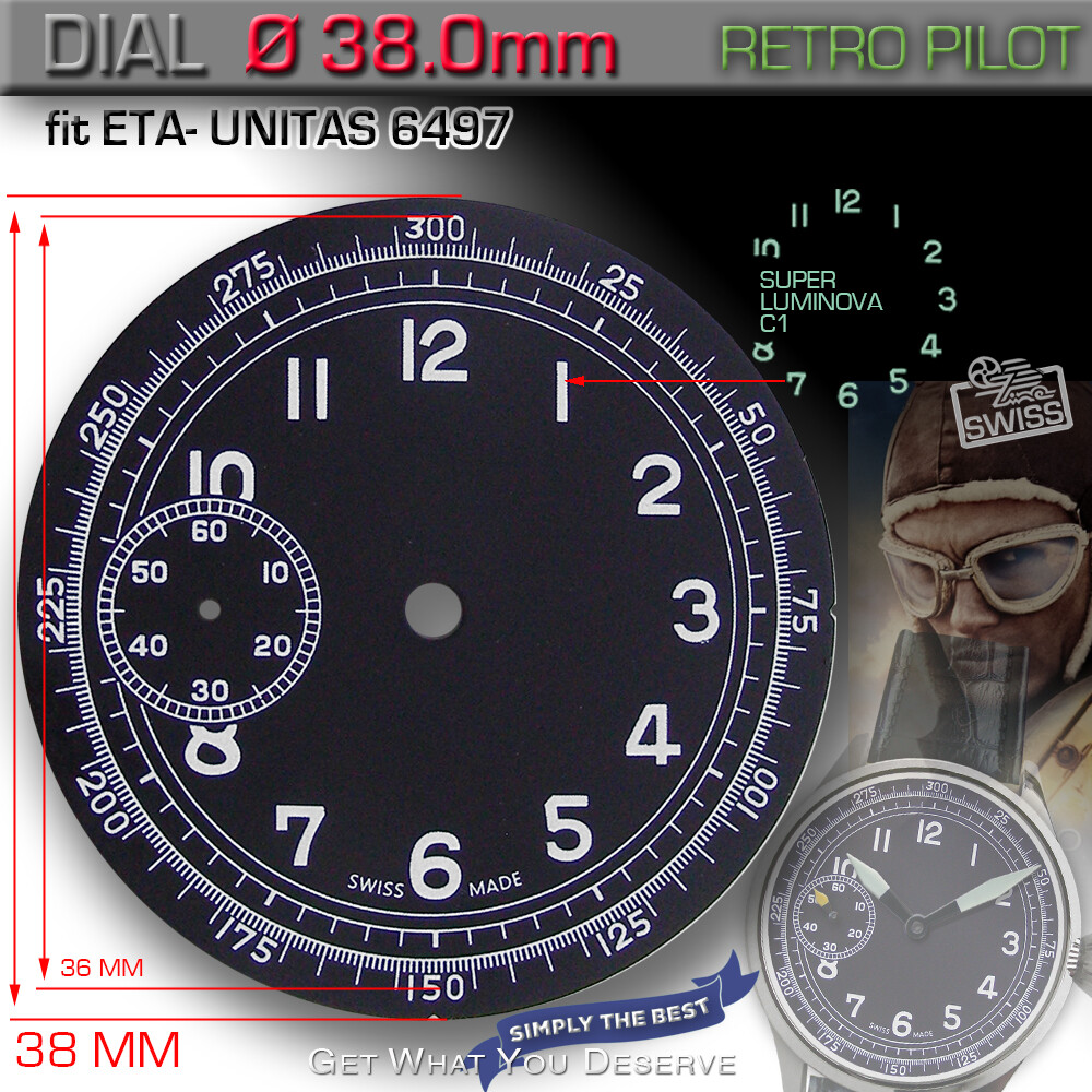 DIAL FOR MOVEMENT ETA UNITAS 6497, RETRO PILOT w. TACHYMETER, CL1 SUPERLUMINOVA