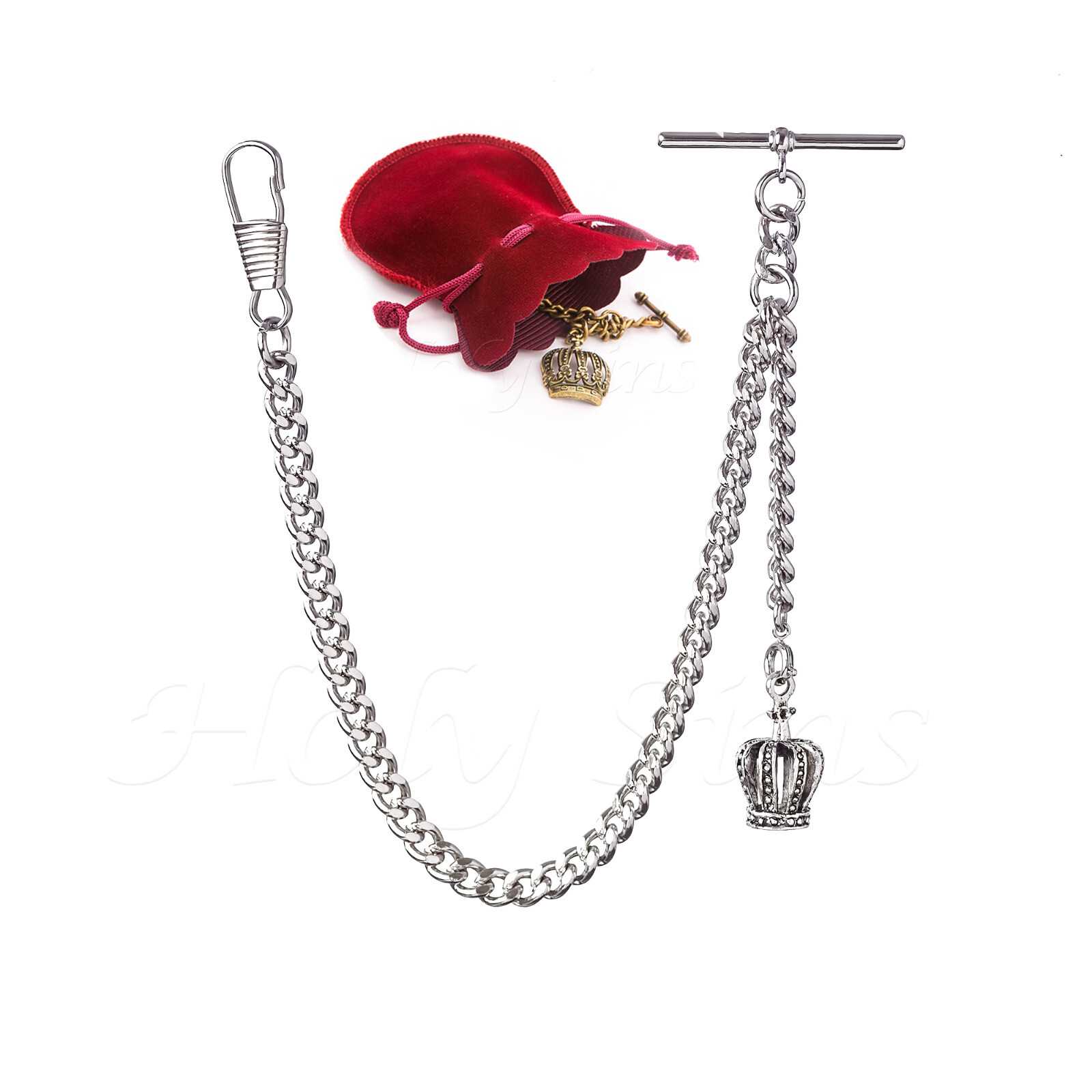 Silver Colour Single Albert Pocket Watch Chain With Crown Pendant 024-S