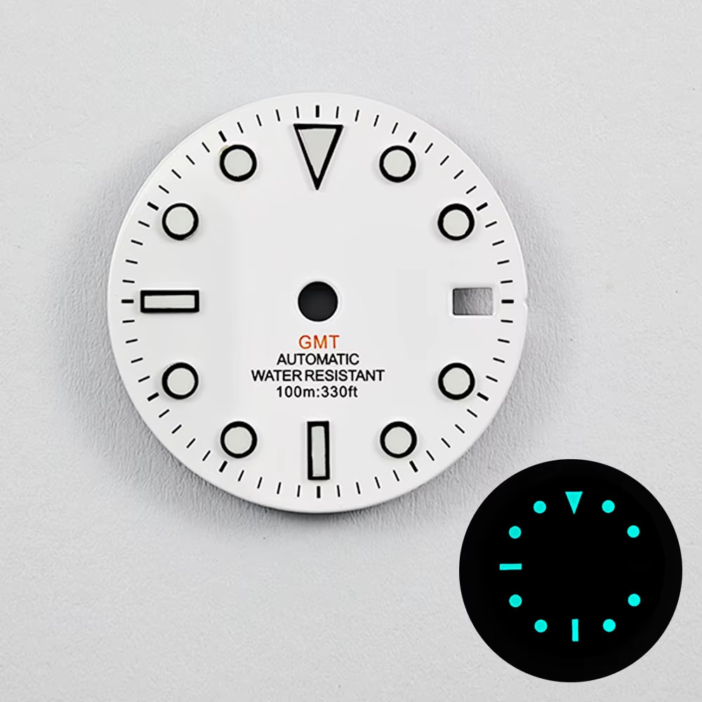 GMT 28.5Mm NO Logo Gloss Watch Dial White Black Mark Blue Green Luminous Fit NH3