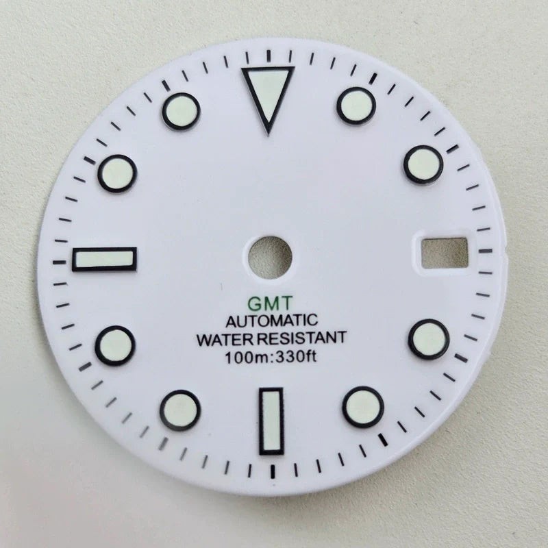 White 28.5mm Blue Lume Watch Dial For NH35 Movement No Logo Green GMT