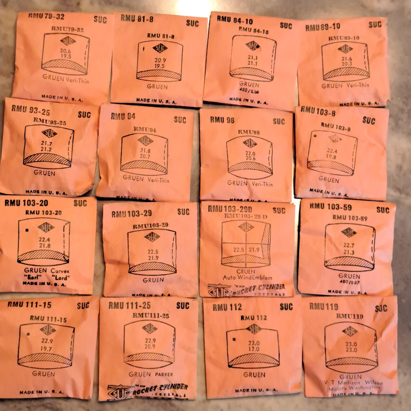 GRUEN WATCH CRYSTALS NOS – SUC BRAND many varieties (RMU to RMY) page 3 0f 3
