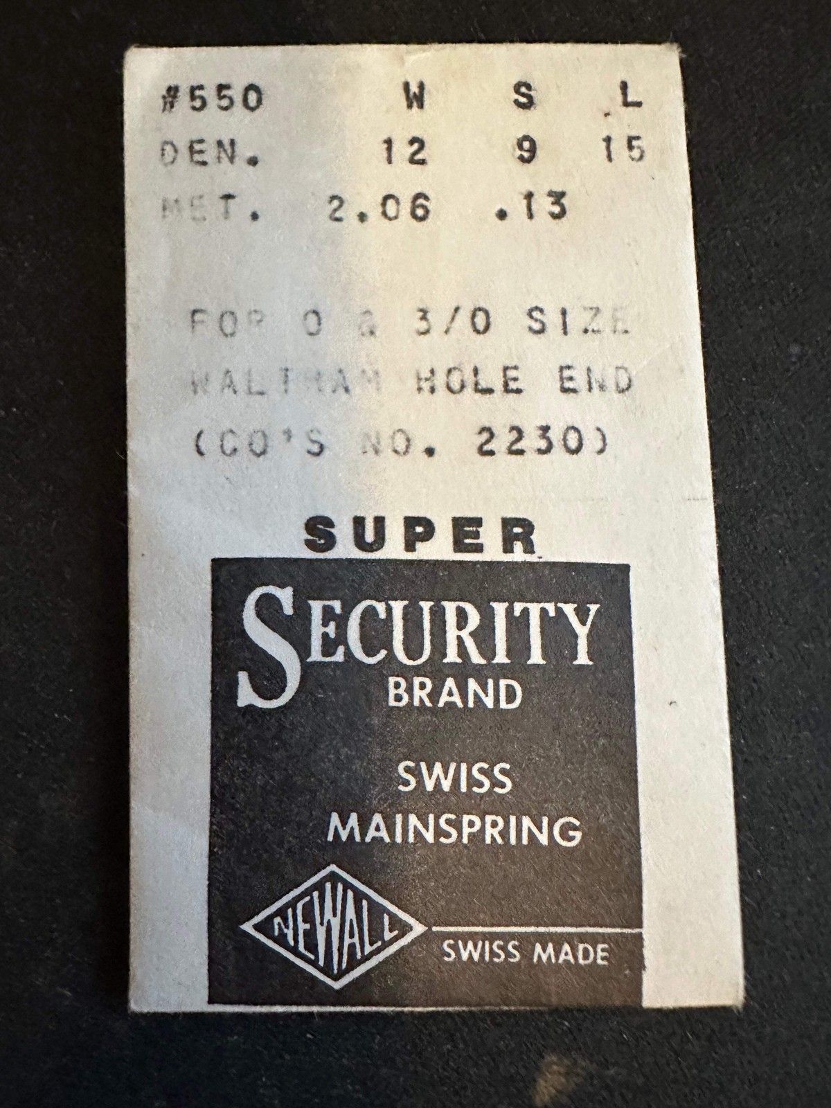 Newall SUPER Security Mainspring #550 for 0s & 3/0s Waltham No. 2230 – Alloy