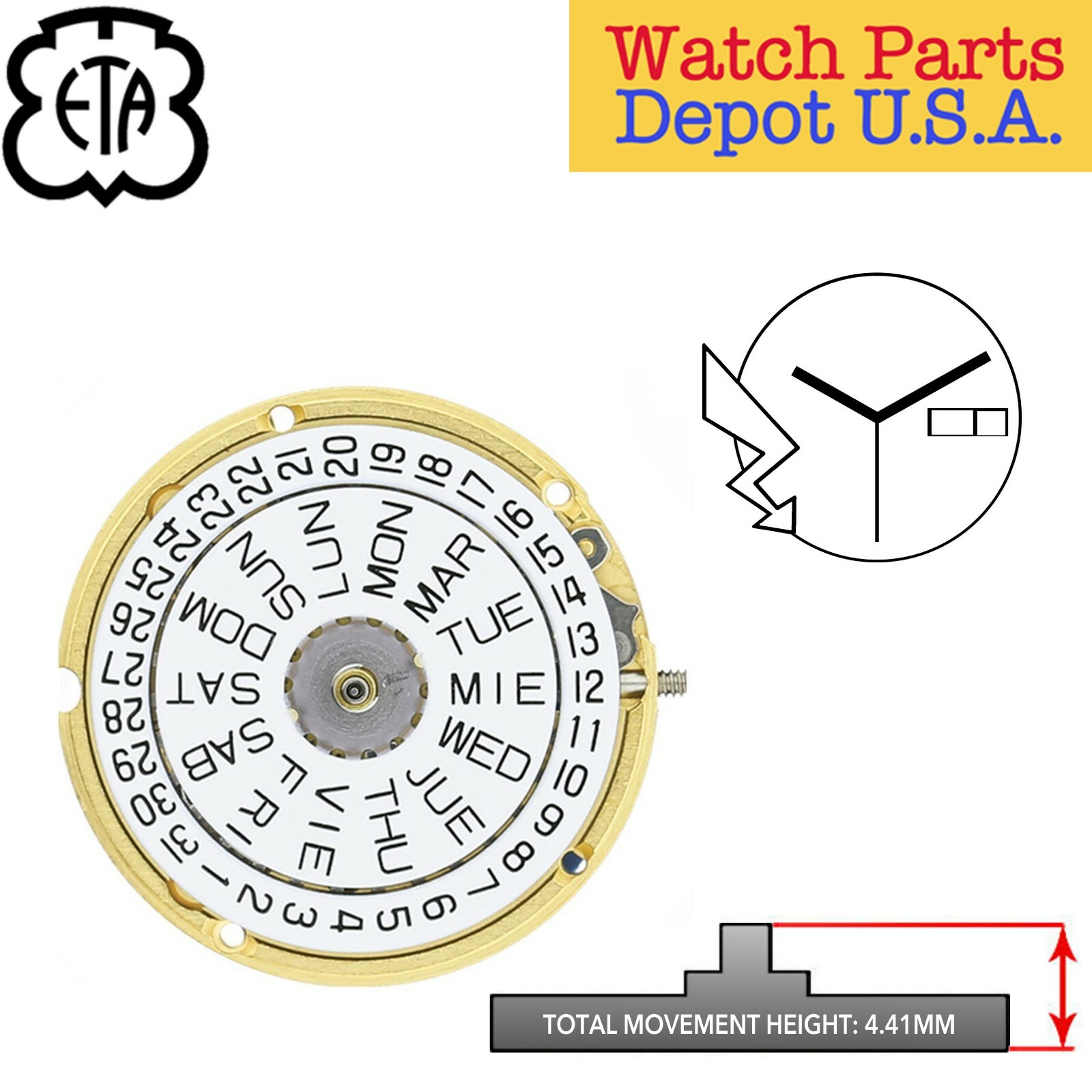 Genuine ETA 956.122 Swiss Made Quartz Movement, 3 Hands, Day/Date at 3 – NEW!