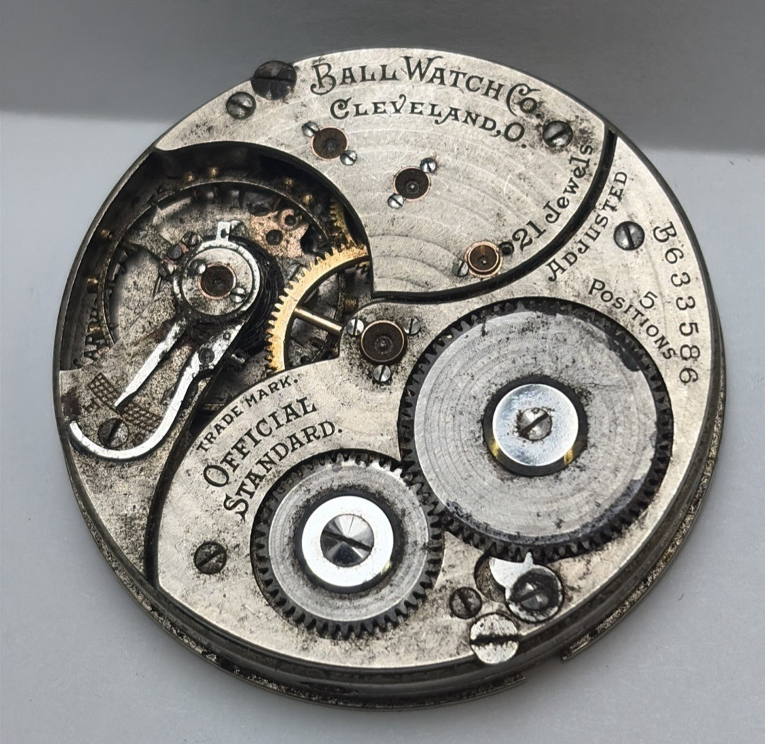 Ball 999P Official Standard Railroad Pocket Watch Movement 21j 5 Adj