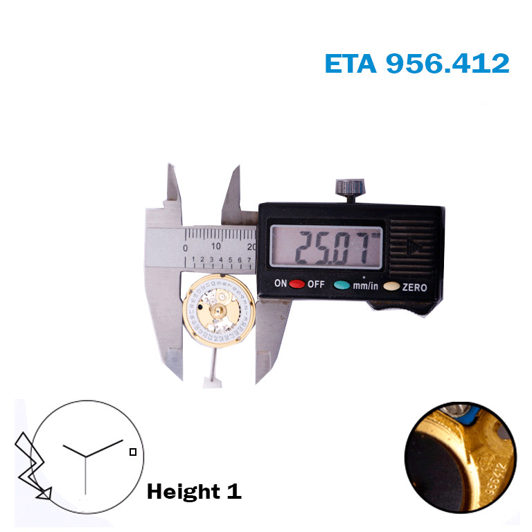 ETA 956.412 Quartz Swiss Movement- 3 Hands-White Date Disk At 3-Height:1