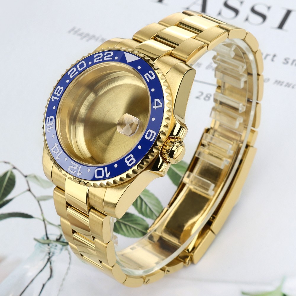 40mm GMT Golden Watch Case+Oyster Bracelet Sapphire 10ATM For Japan NH35 ETA2824