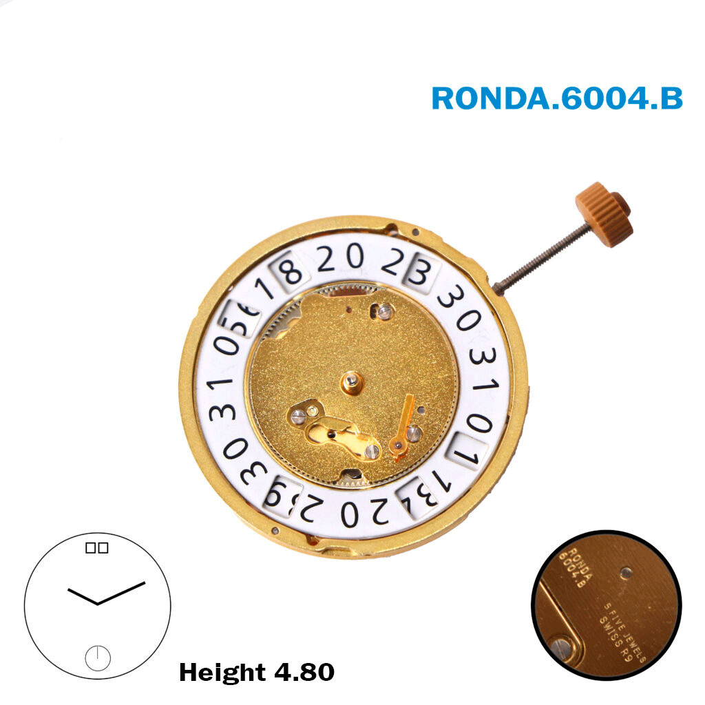 Ronda 6004.B SWISS🇨🇭 Made Movement , White Date Disk at 12.