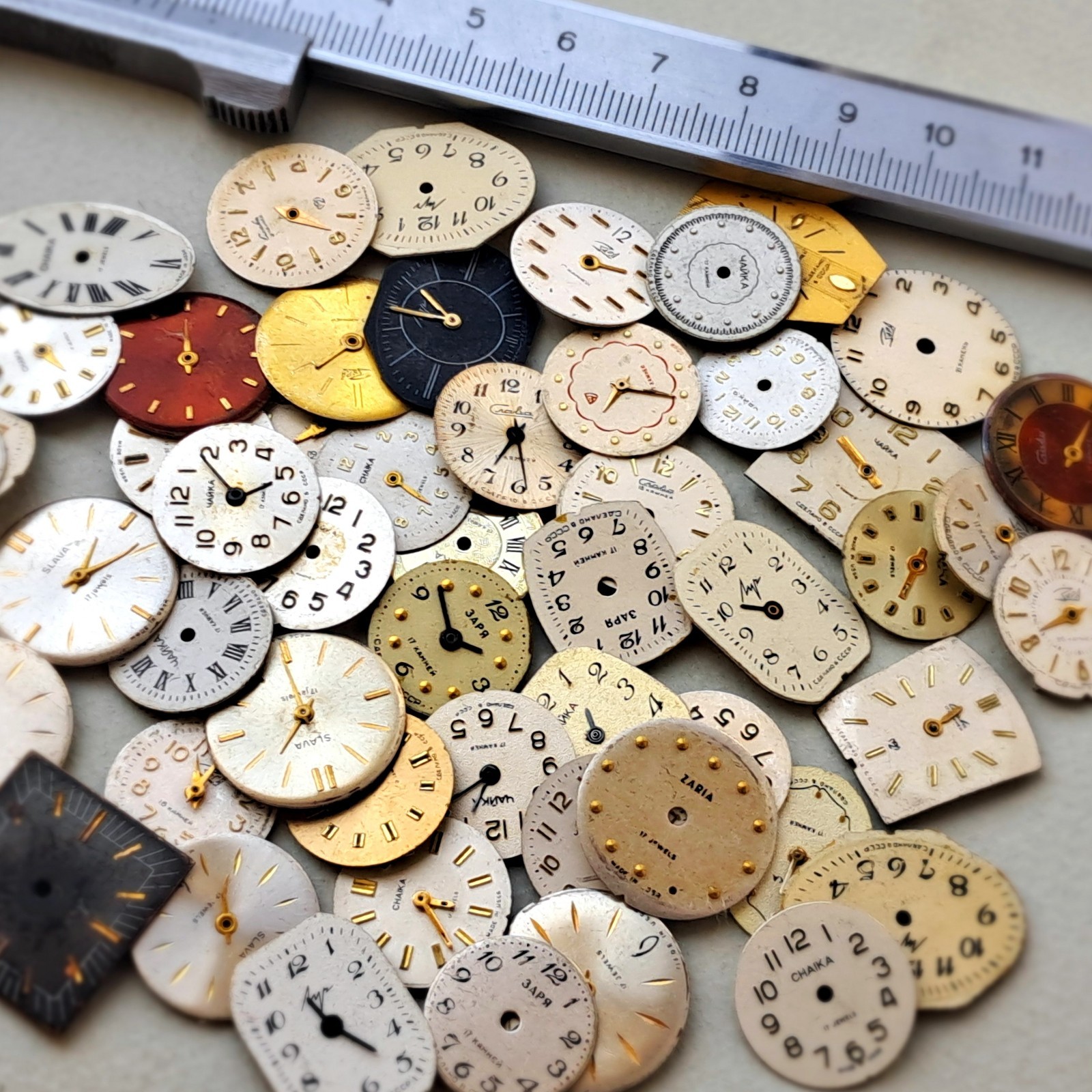 Lot of 53 Vintage Watch Dials • Mixed Shapes & Colors • USSR/Soviet • Steampunk