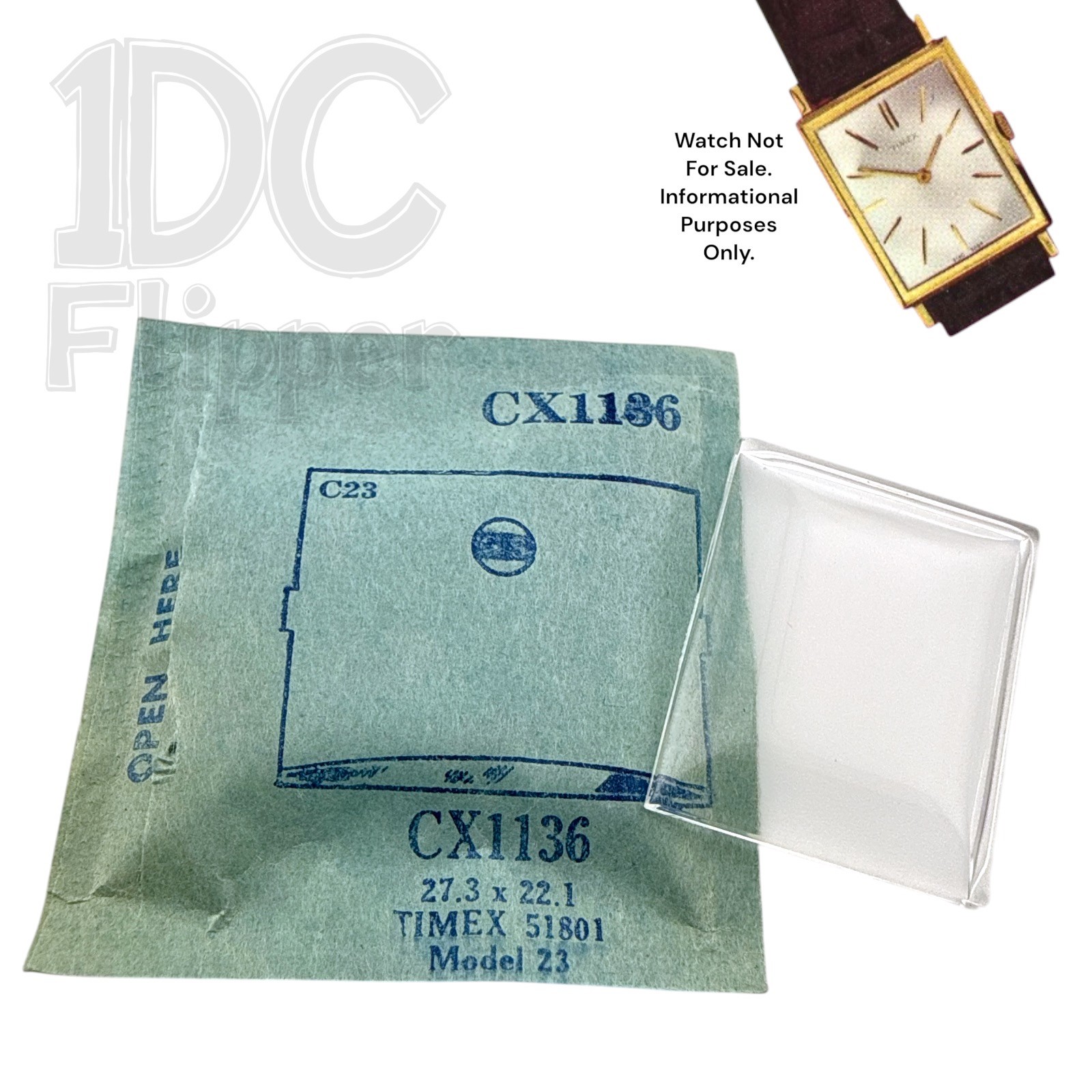 Timex Watch Crystal G-S CX1136 27.3 x 22.1mm Rectangle Shape Mens NOS Read!