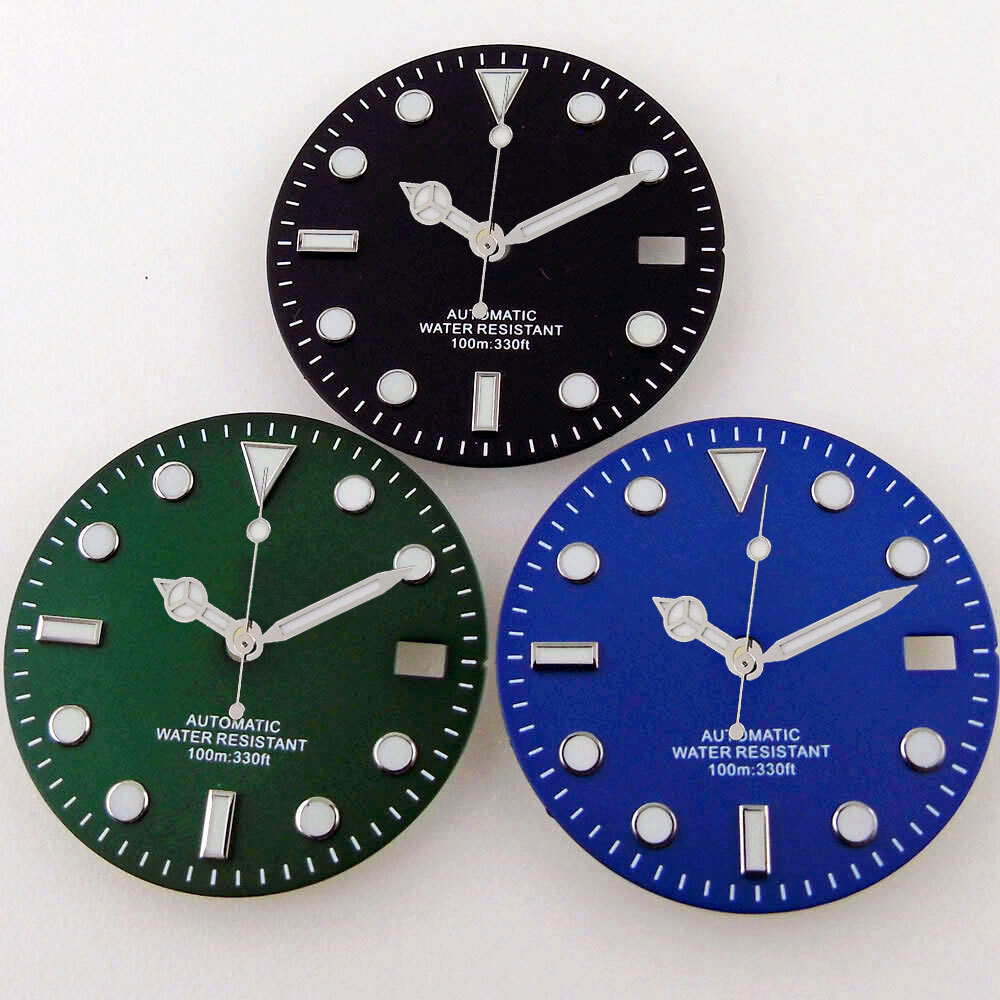 29MM Luminous Greenish-blue Watch Dial Silver Edge Marks Date Window Fit NH35
