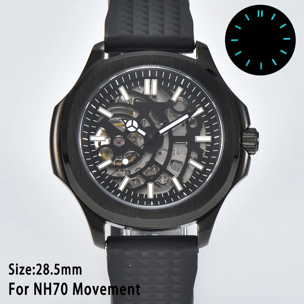 28.5mm Skeleton Watch Dial Green Lume Black and Blue Fit for NH70 NH72 Mod Parts