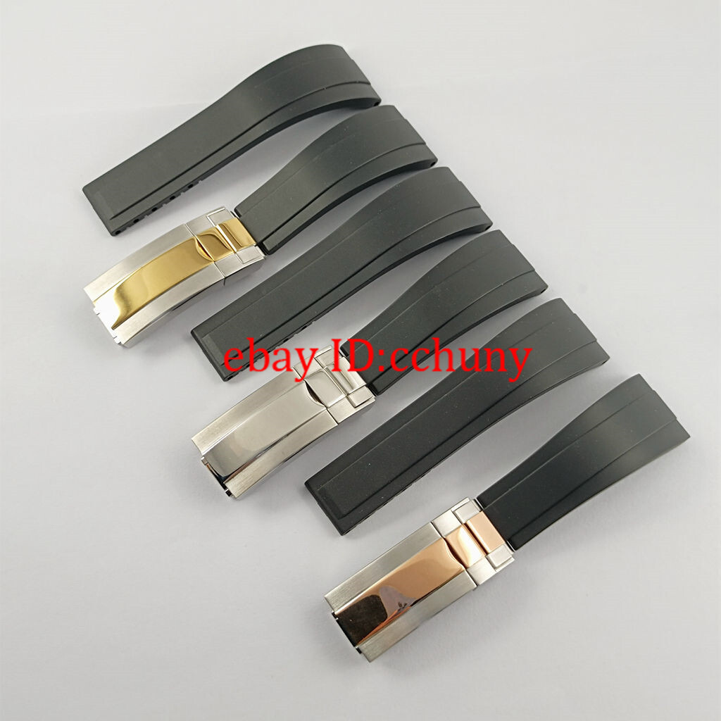 20mm black Curved Rubber watch strap with silver/gold plated buckle watchband