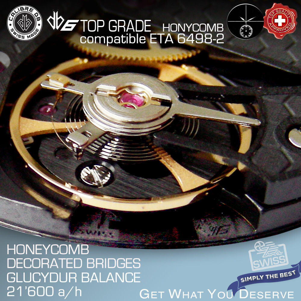 MOVEMENT CALIBRE DB6 BLACK compatib. ETA 6498-2, HONEYCOMB, TOP GRADE SWISS MADE