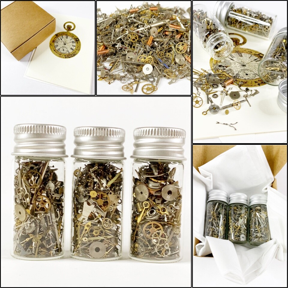 Steampunk GIFT 50 Gram Lot Watch Parts 3 Glass Bottles Box Card Wheels Gears Art