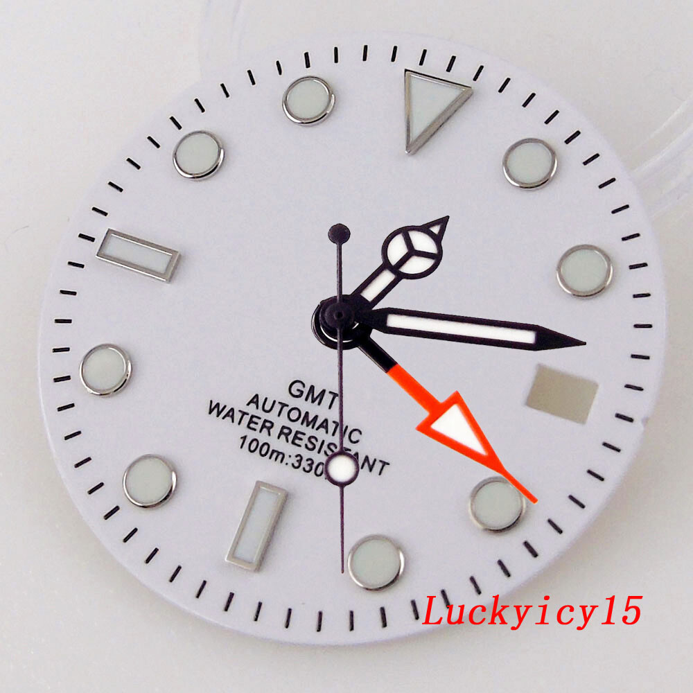 29MM Green Luminous White Watch Dial Fit NH34 NH34A GMT Automatic Mens watch