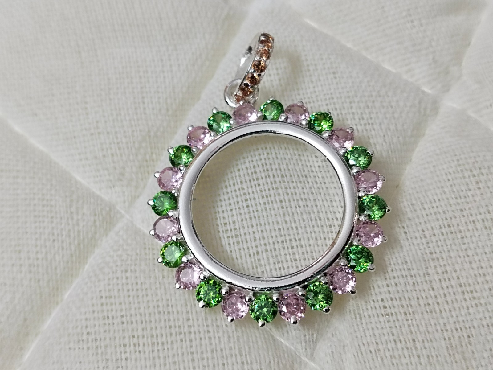 925 Sterling Silver Round Bezel Pendant Blank Green & Pink CZ Handmade Coin