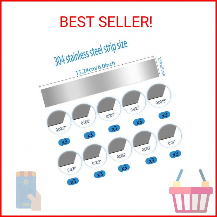 30PCS 304 Stainless Steel Shim Stock Assortment 1″ Width x 6″ Length 10 Thicknes