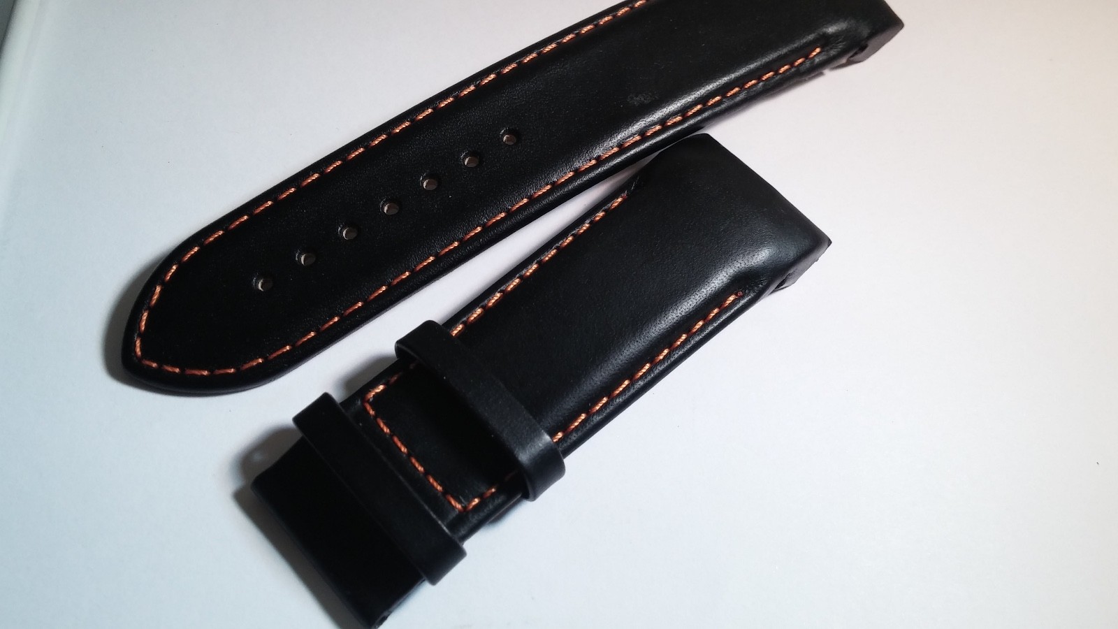 Tissot band/strap Black leather with orange stitch, curved ends, Genuine 24/22mm