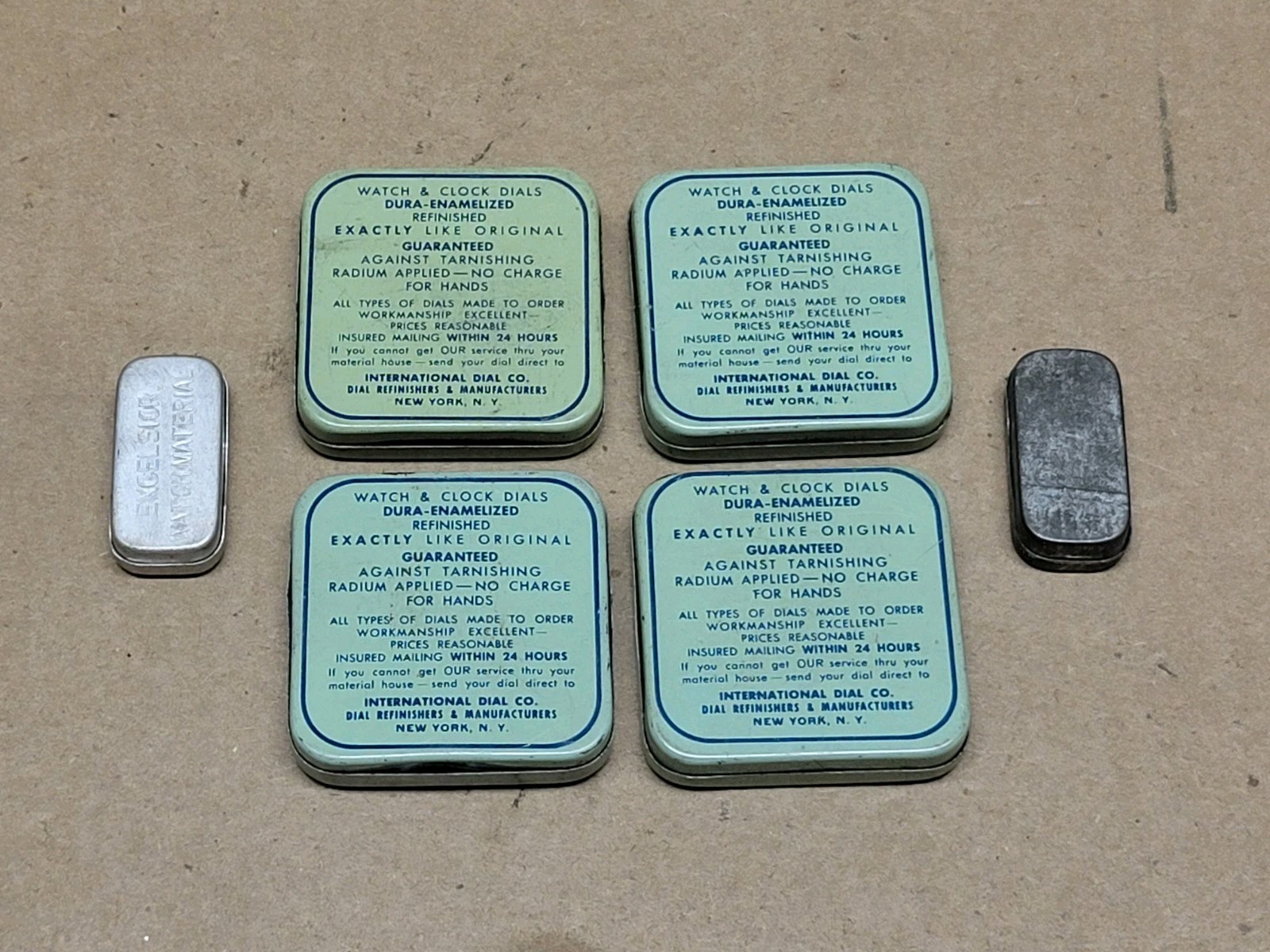 4 International Dial Co Watchmaker Small Parts Storage Tins Metal Tin + 2 Extra