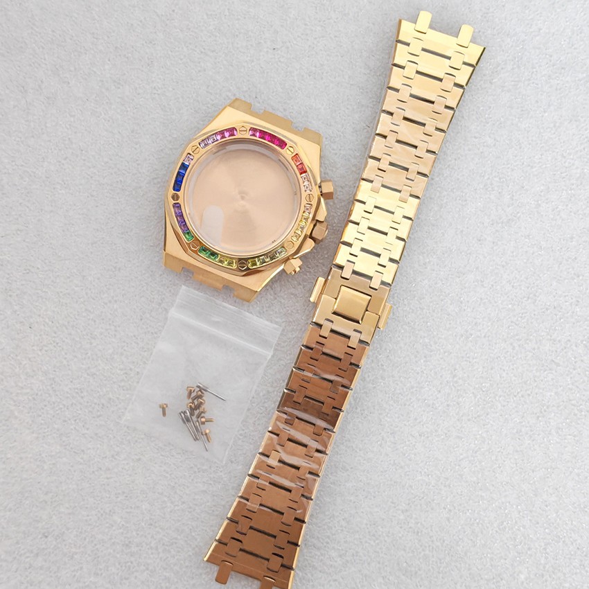 41mm Steel Gold Watch Case + Strap for VK63 Watch Movement Solid Back Flat Glass