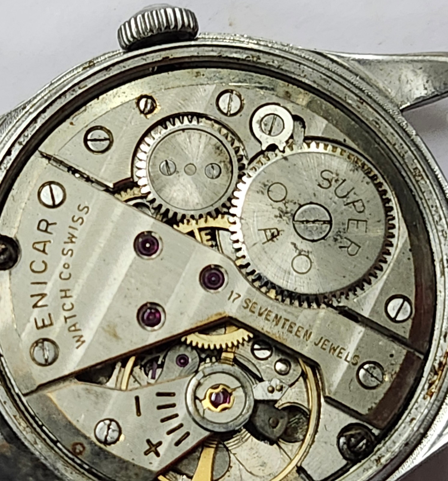 Ogival Mechanical Watch Case/Dial with Enicar 17J Movement – For Parts or Repair