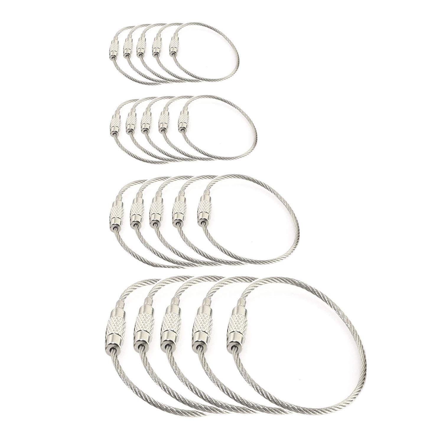 20pcs Stainless Steel Wire Keychains 1.5mm Aircraft Cable Key Ring Loops 4 Lengt