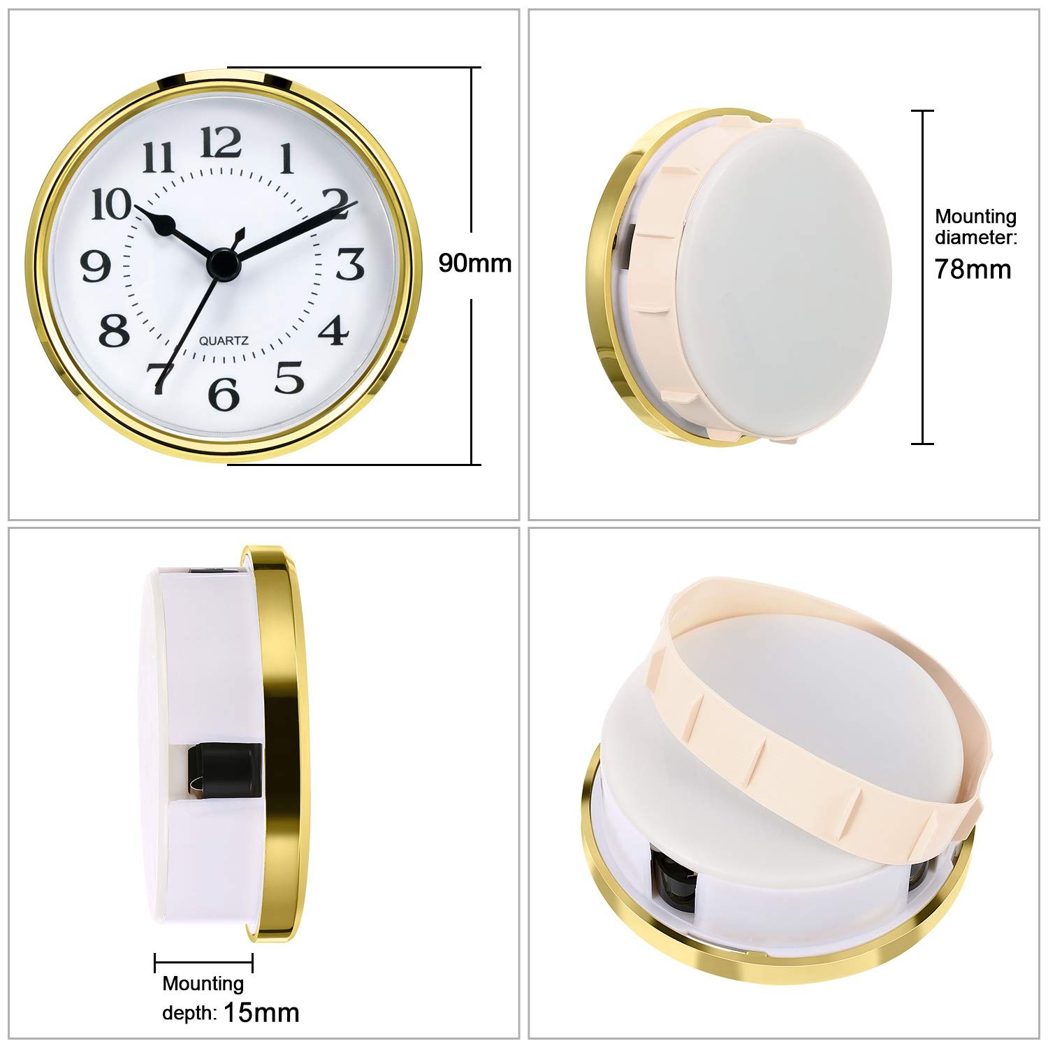 Hicarer 3-1/2 Inch (90 mm) Quartz Clock Fit-Up/Insert with Small, Gold Rim
