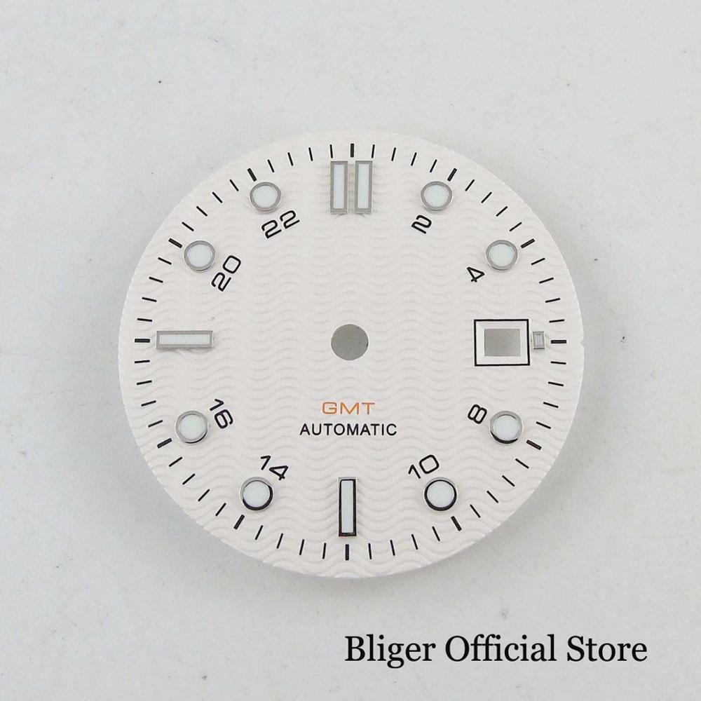 BLIGER 31mm Watch Dial Date Window Fit NH34 GMT NH34A Automatic Movement White