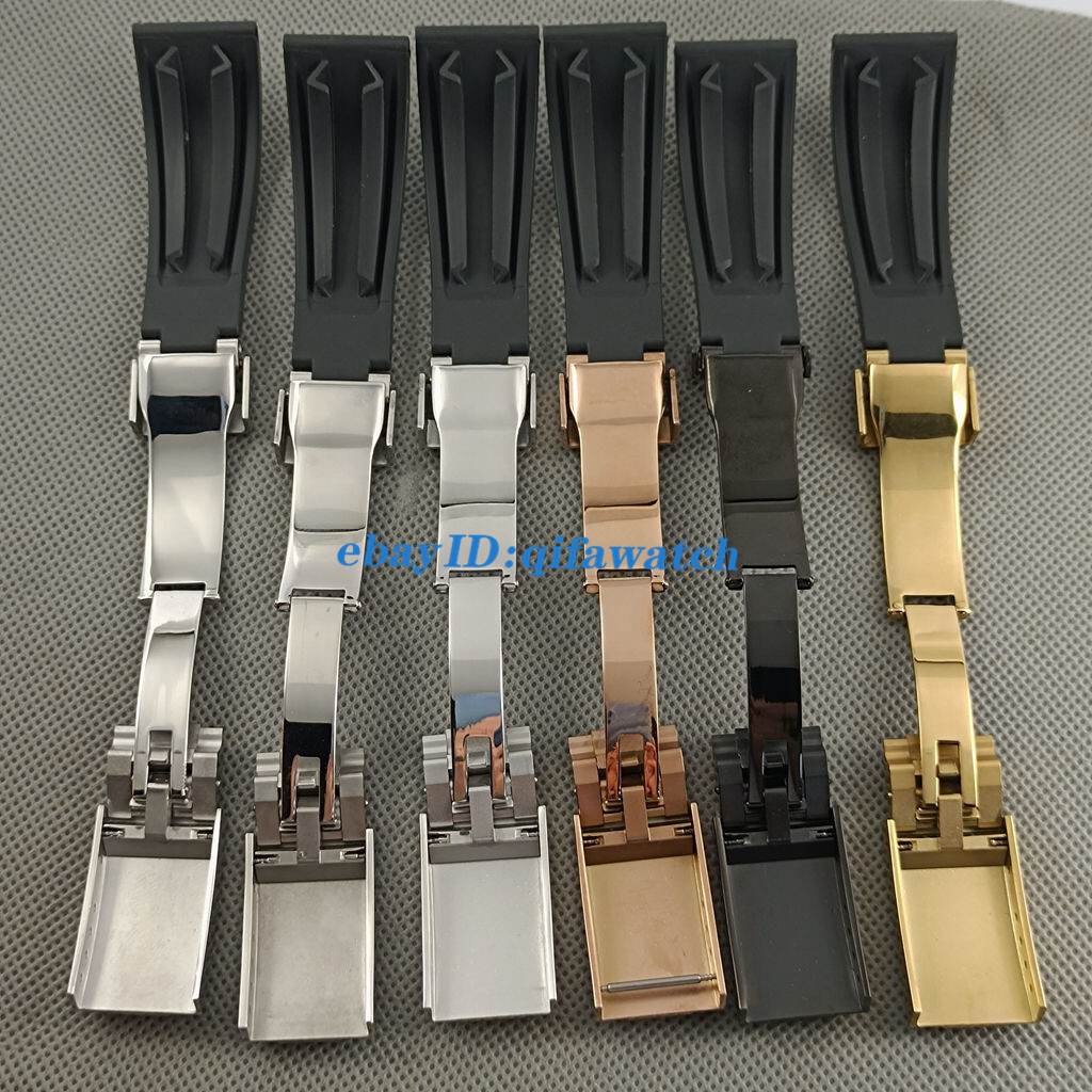 20mm black Rubber watch strap with steel silver/ rose gold black buckle