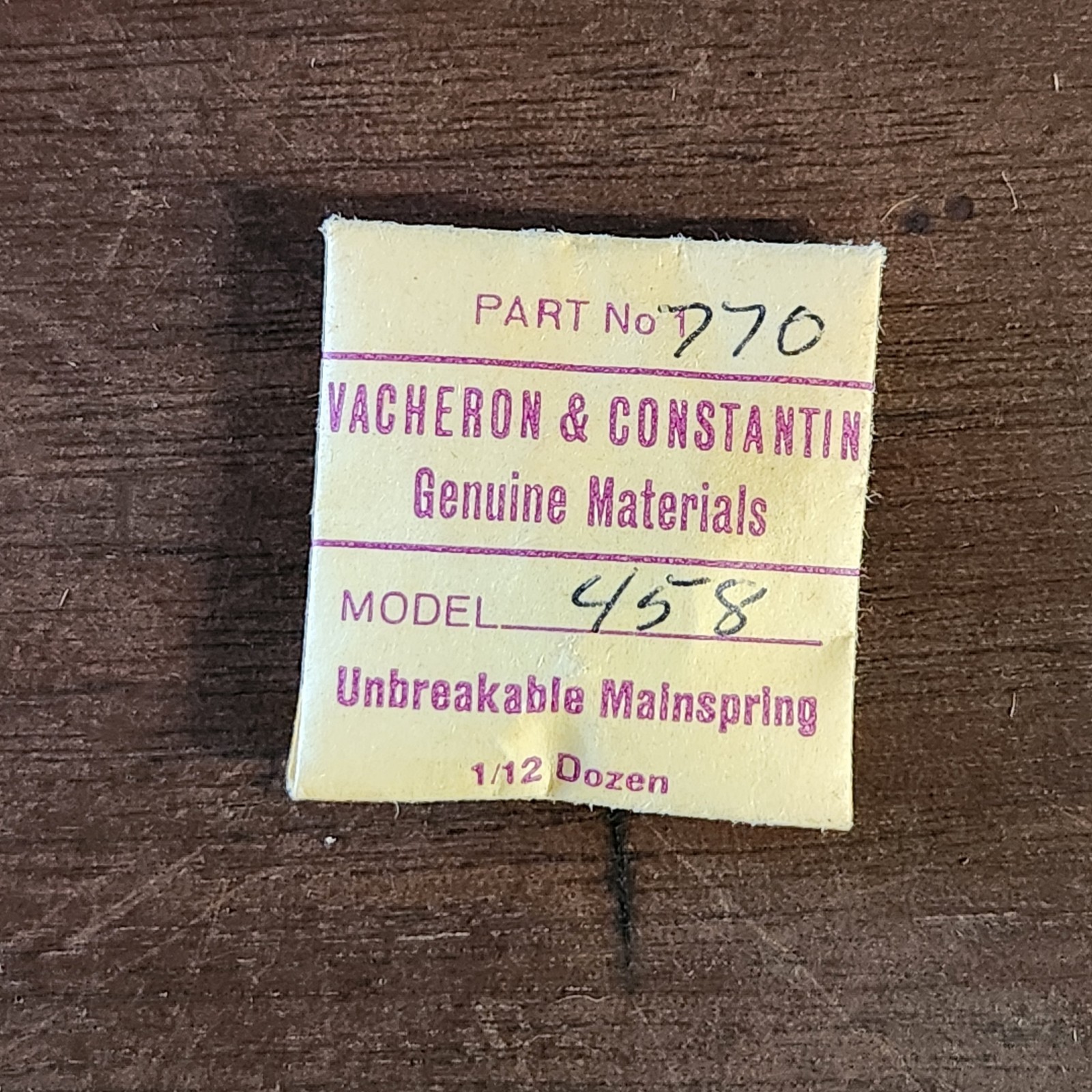 Vacheron Constantin Watch part#458 hole end mainspring #770 &Barrel Open Package