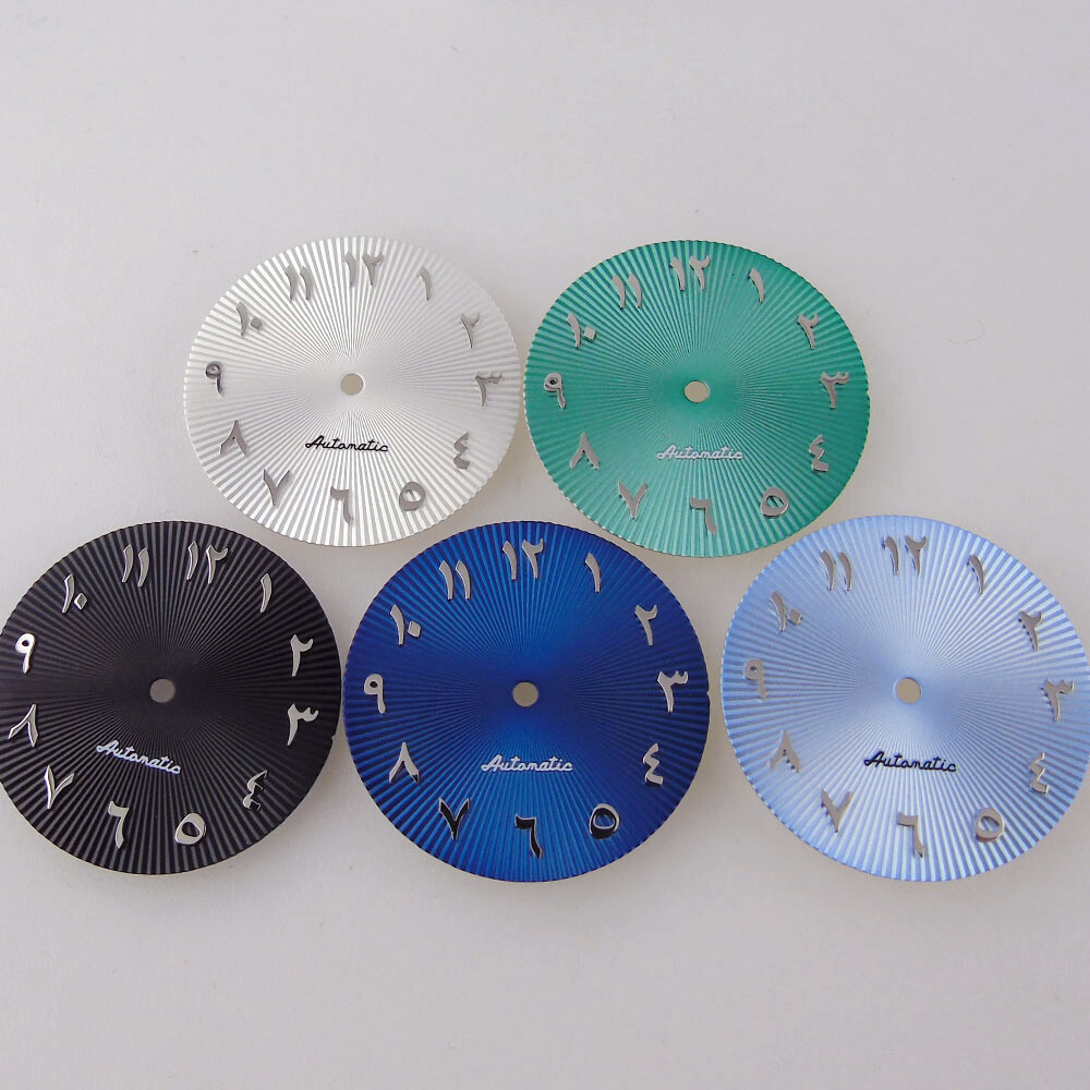 29mm Black Blue Green Watch Dial Arabic Numerals Steel Marks fit NH35 NH36 NH38
