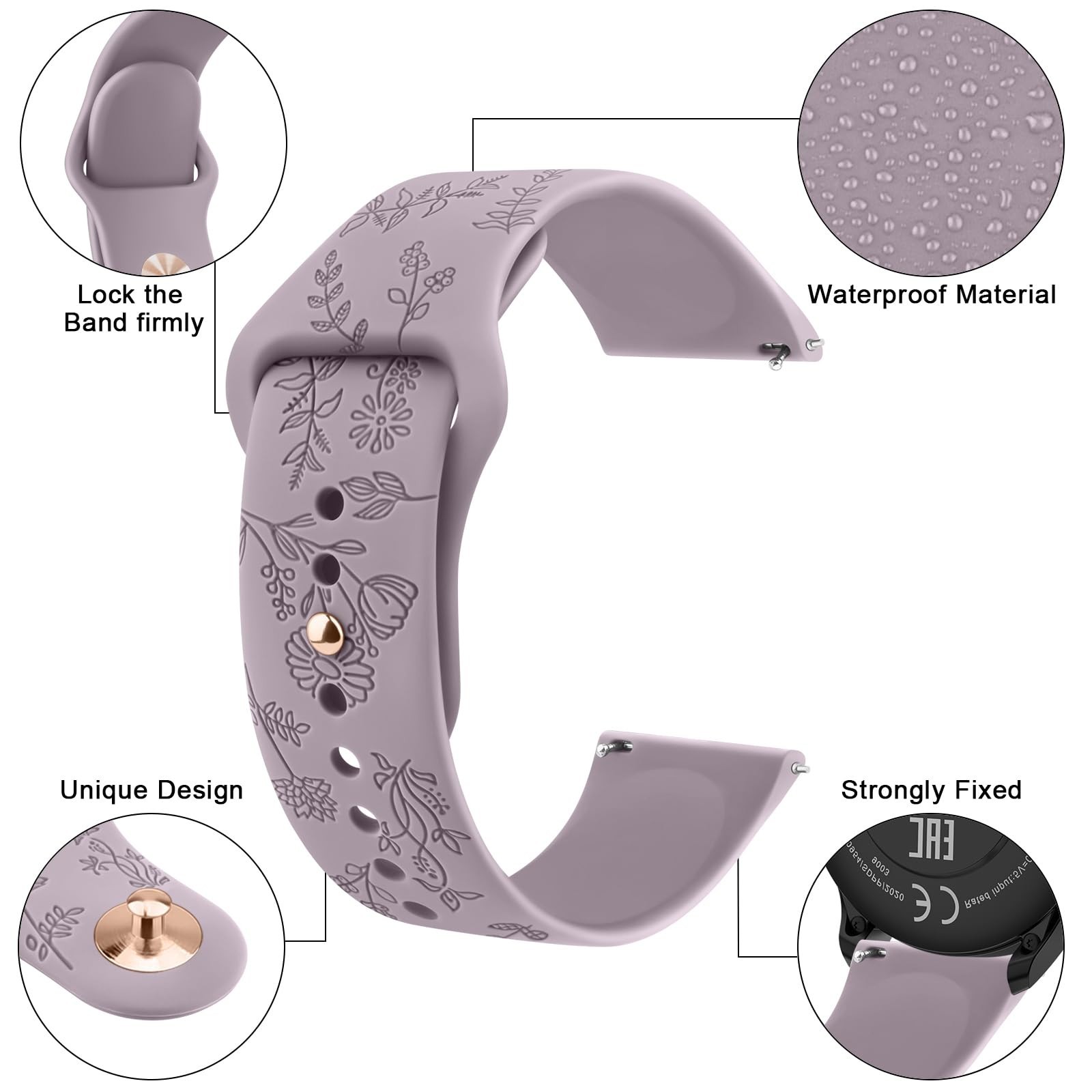 Meliya Silicone Watch Bands Quick Release 20mm 22mm Bands, Floral Engraved So…