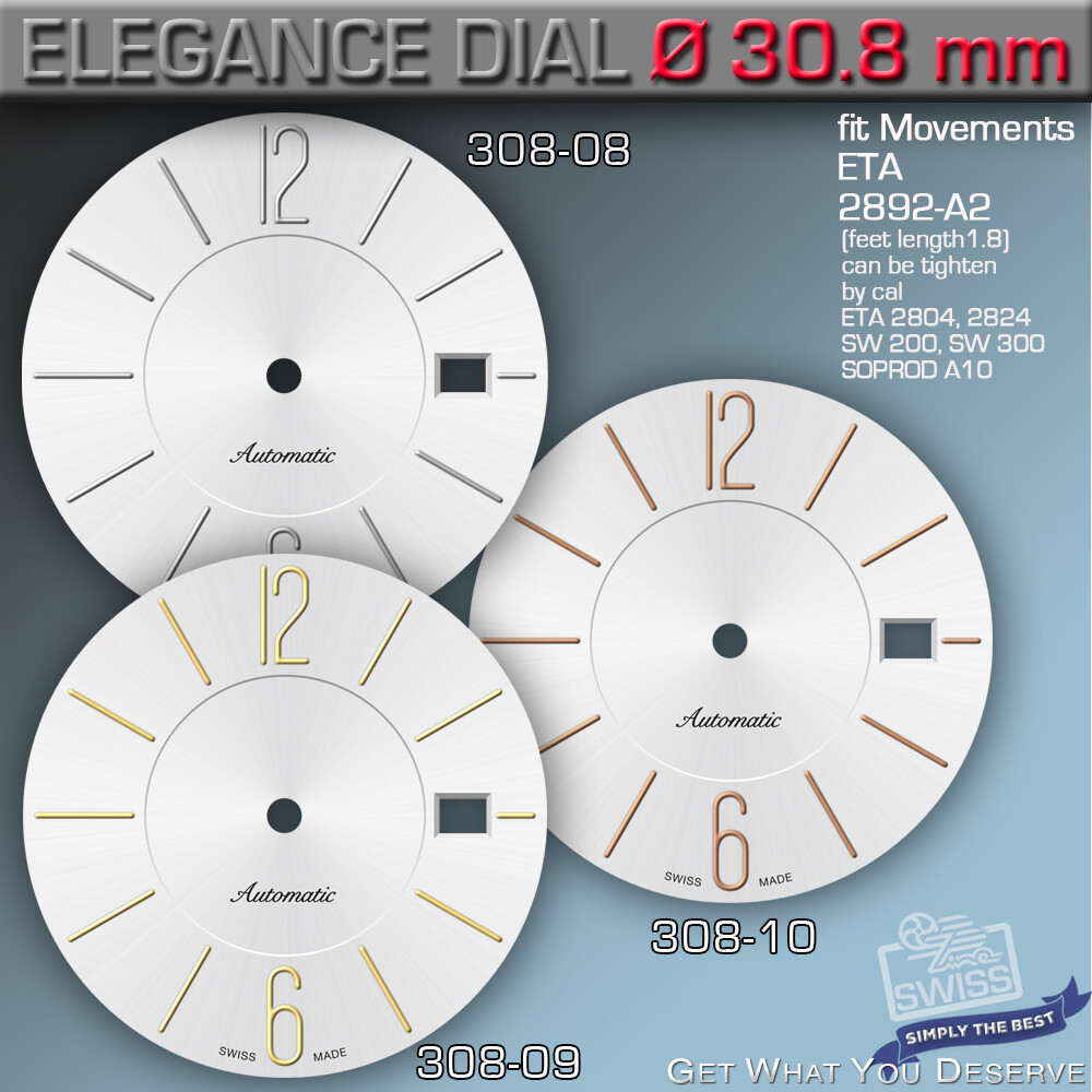 DIAL, ETA 2824-2, 2892-A2, SW 200, SW300, SOPROD A10,M100 Ø30.8 mm Ref 308-8-10