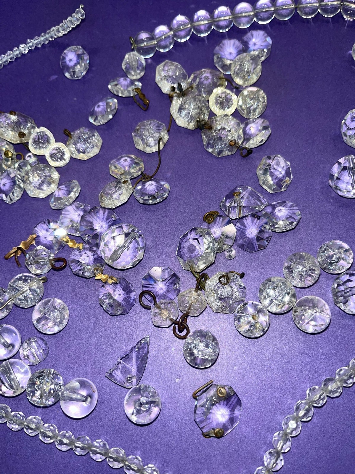 Antique Crystal Lot, 4 Wired Glass Crystals Longest 11″, Round Antique crystals,