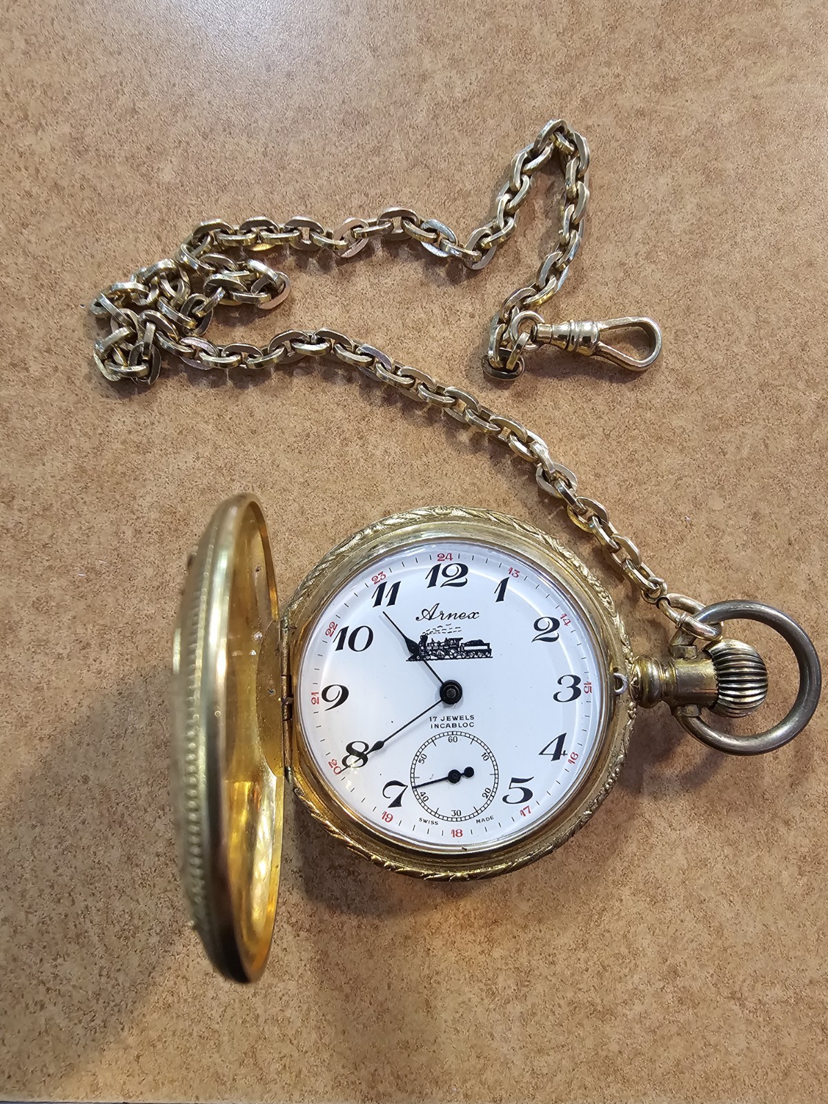 EXC. FINE ARNEX 17J INCABLOC RAILROAD POCKET WATCH CHAIN – RUNS WELL GREAT TIMER