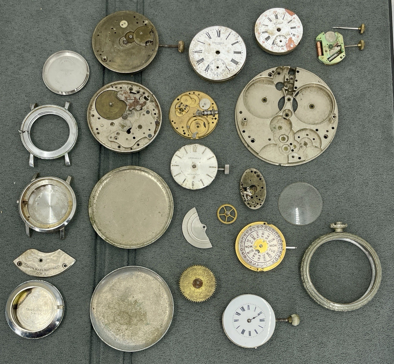 Watchmaker Parts Lot # 7 Movements, 8 Day Plate, Cases. Waltham, NY Standard, Et