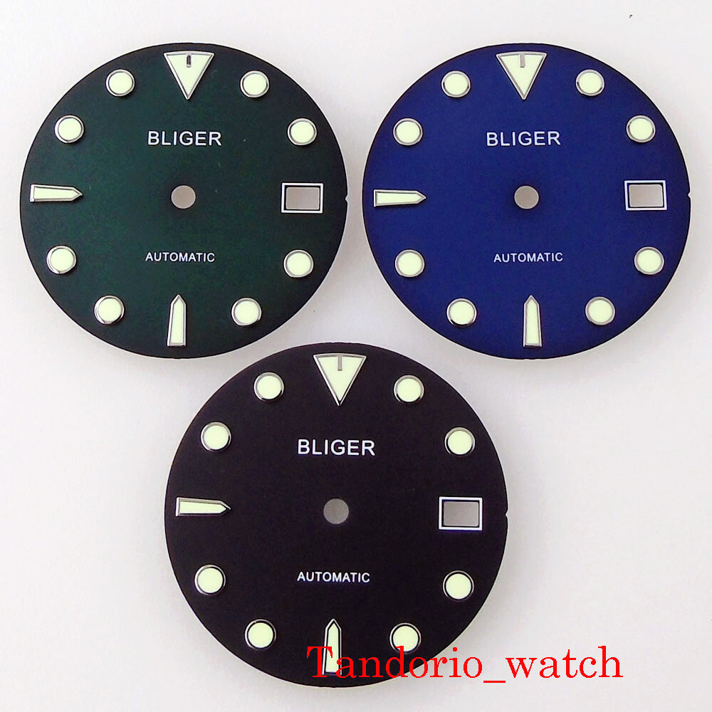 Bliger 29mm Black Blue Green Watch Dial Face For NH35 Movement For 3/4 O’Clock