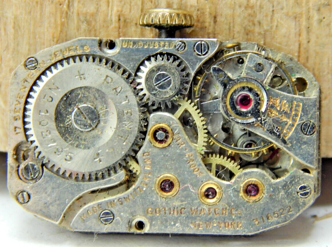 Vintage Gothic 17 jewel art deco Jar-Proof wrist watch movement w/ dial & Hands