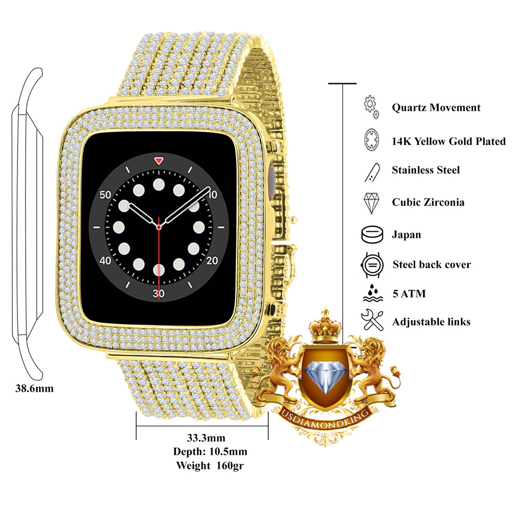 Gold Tone Apple Watch Custom Micro Pave Bezel & Band Combo Set 44mm Fit # 4,5,6